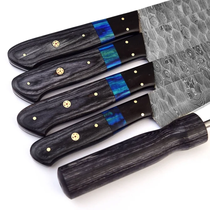 5-Piece Handmade Damascus Steel Chef Knife Set with Leather Roll Bag