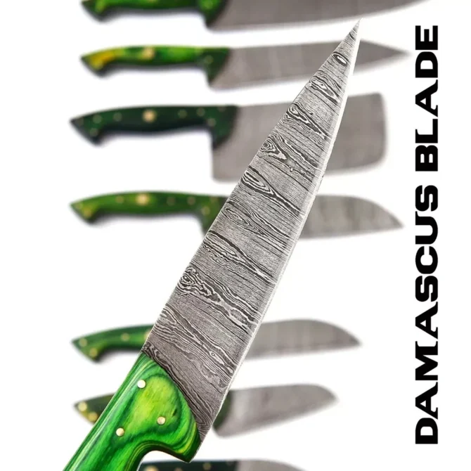 Handmade Damascus Steel Chef Knife Set with Roll Bag – 8 Piece Professional Kitchen Knives with Pink Paukka Wood Handles