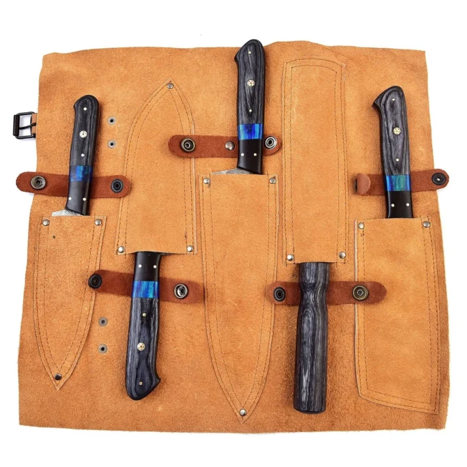 5-Piece Handmade Damascus Steel Chef Knife Set with Leather Roll Bag