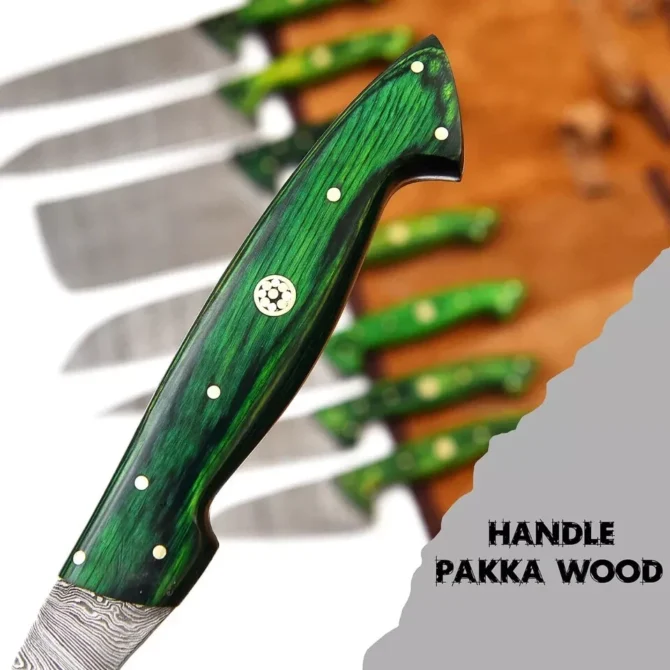 Handmade Damascus Steel Chef Knife Set with Roll Bag – 8 Piece Professional Kitchen Knives with Pink Paukka Wood Handles