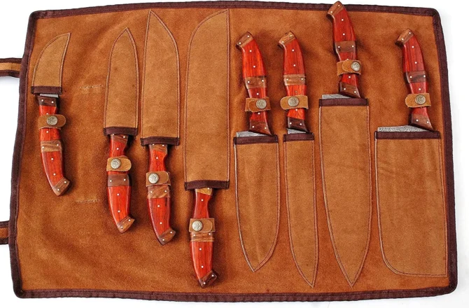 Premium Damascus Chef Knife Set – Red Padauk & Rosewood Handle with Leather Roll Bag
