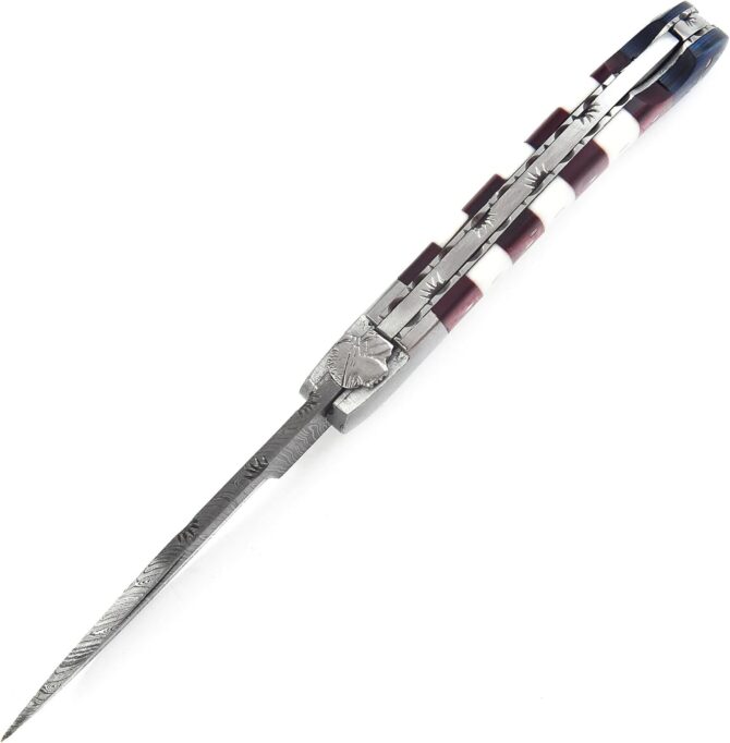 Damascus Steel Folding Knife with USA Flag Handle & Leather Sheath