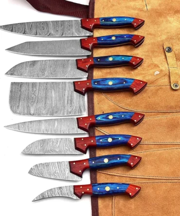 Handmade 8-Piece Damascus Steel Chef Knife Set – Professional Kitchen Knives with Leather Roll Bag (Copy)