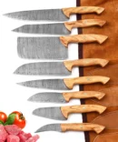 Handmade Damascus Steel Chef Knife Set with Roll Bag – 8 Piece Professional Kitchen Knives with Olive Wood Handles (2910-Olive))