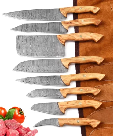 Handmade Damascus Steel Chef Knife Set with Roll Bag – 8 Piece Professional Kitchen Knives with Olive Wood Handles (2910-Olive))