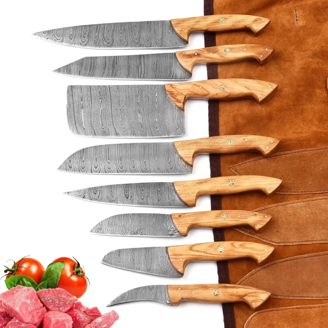 Handmade Damascus Steel Chef Knife Set with Roll Bag – 8 Piece Professional Kitchen Knives with Olive Wood Handles (2910-Olive))