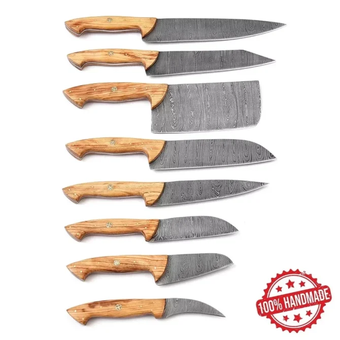 Handmade Damascus Steel Chef Knife Set with Roll Bag – 8 Piece Professional Kitchen Knives with Olive Wood Handles (2910-Olive))
