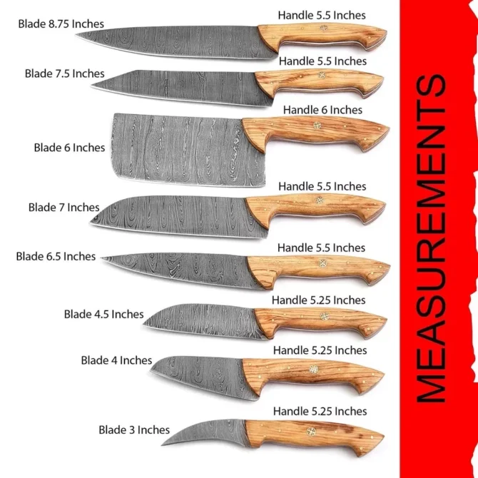Handmade Damascus Steel Chef Knife Set with Roll Bag – 8 Piece Professional Kitchen Knives with Olive Wood Handles (2910-Olive))