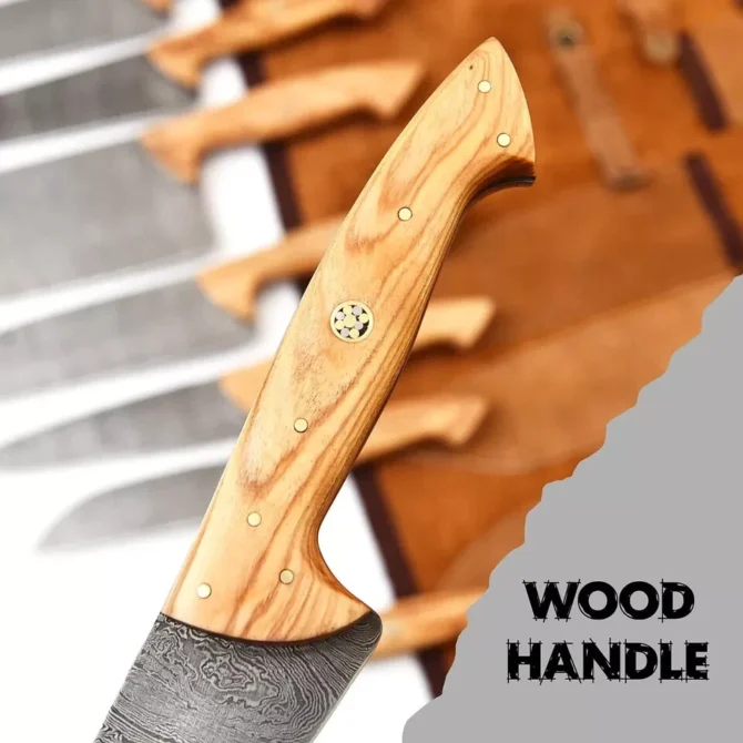 Handmade Damascus Steel Chef Knife Set with Roll Bag – 8 Piece Professional Kitchen Knives with Olive Wood Handles (2910-Olive))
