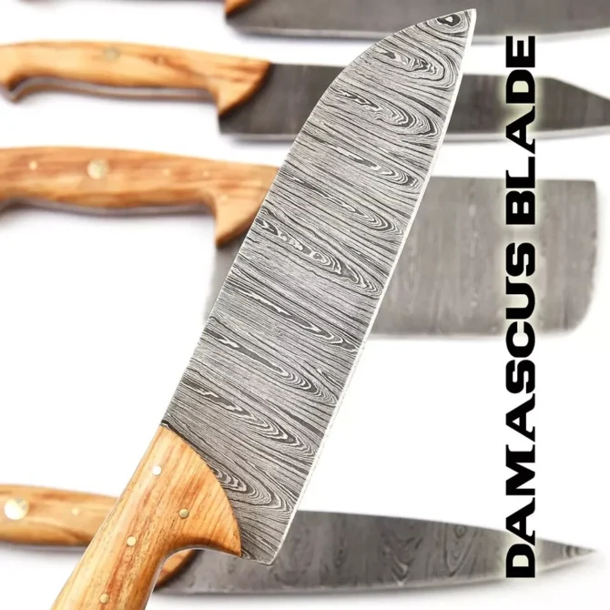 Handmade Damascus Steel Chef Knife Set with Roll Bag – 8 Piece Professional Kitchen Knives with Olive Wood Handles (2910-Olive))