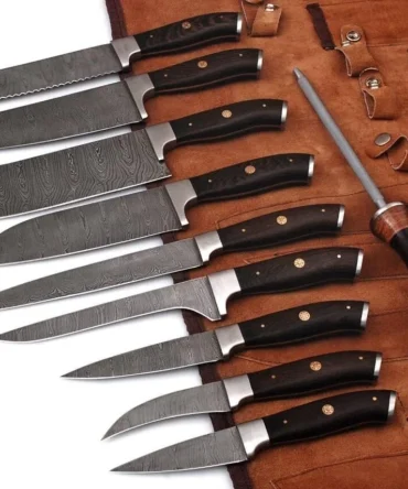 Damascus Chef Knife Set – Premium Wenge Wood Handle with Leather Roll Bag