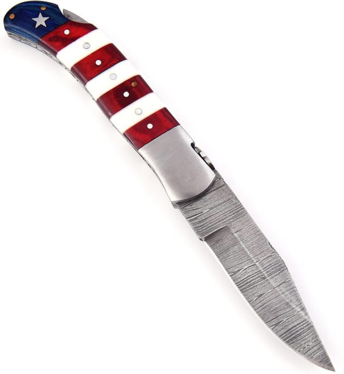 Damascus Steel Folding Knife with USA Flag Handle & Leather Sheath