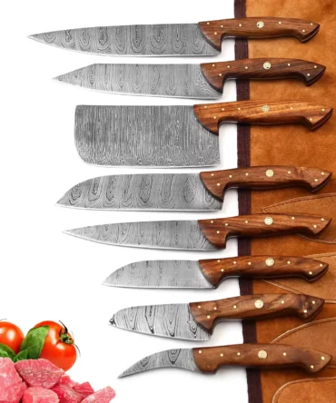 Handmade Damascus Steel Chef Knife Set with Roll Bag – 8 Piece Professional Kitchen Knives with Natural Wood Handles