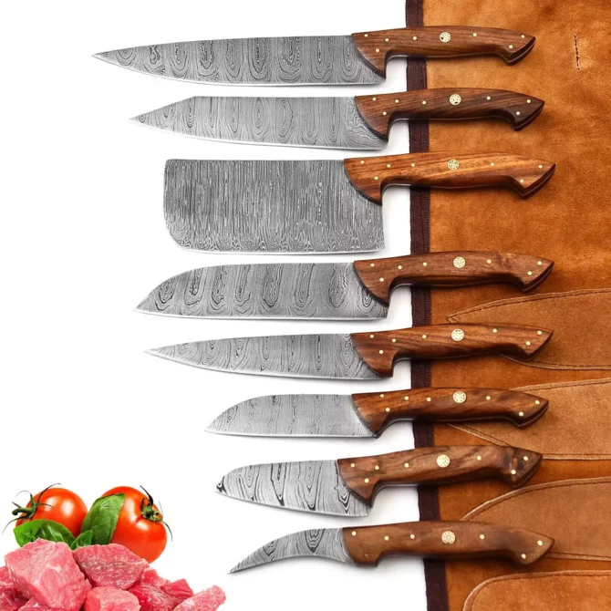 Handmade Damascus Steel Chef Knife Set with Roll Bag – 8 Piece Professional Kitchen Knives with Natural Wood Handles
