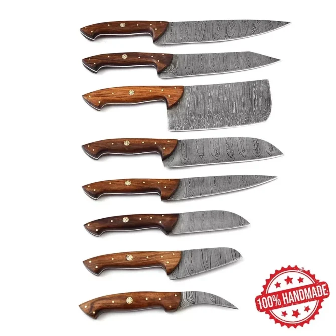 Handmade Damascus Steel Chef Knife Set with Roll Bag – 8 Piece Professional Kitchen Knives with Natural Wood Handles