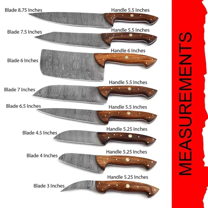 Handmade Damascus Steel Chef Knife Set with Roll Bag – 8 Piece Professional Kitchen Knives with Natural Wood Handles