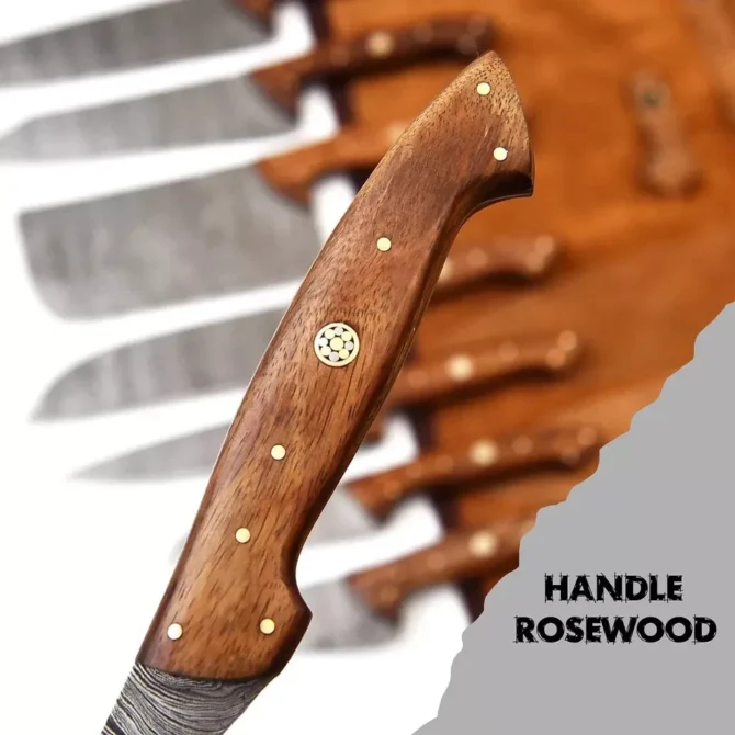 Handmade Damascus Steel Chef Knife Set with Roll Bag – 8 Piece Professional Kitchen Knives with Natural Wood Handles