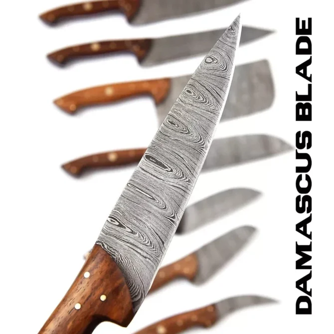 Handmade Damascus Steel Chef Knife Set with Roll Bag – 8 Piece Professional Kitchen Knives with Natural Wood Handles