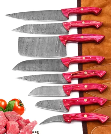 Handmade Damascus Steel Chef Knife Set with Roll Bag – 8 Piece Professional Kitchen Knives with Pink Paukka Wood Handles