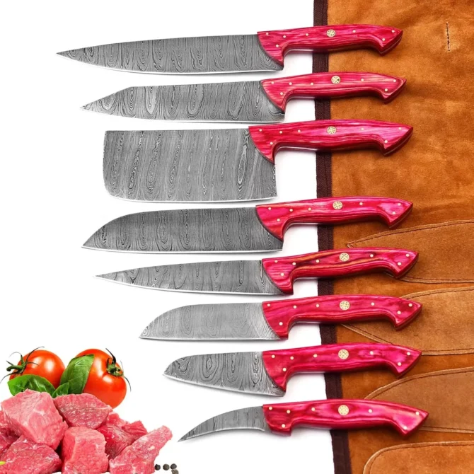 Handmade Damascus Steel Chef Knife Set with Roll Bag – 8 Piece Professional Kitchen Knives with Pink Paukka Wood Handles