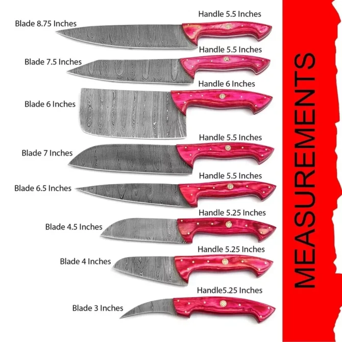 Handmade Damascus Steel Chef Knife Set with Roll Bag – 8 Piece Professional Kitchen Knives with Pink Paukka Wood Handles