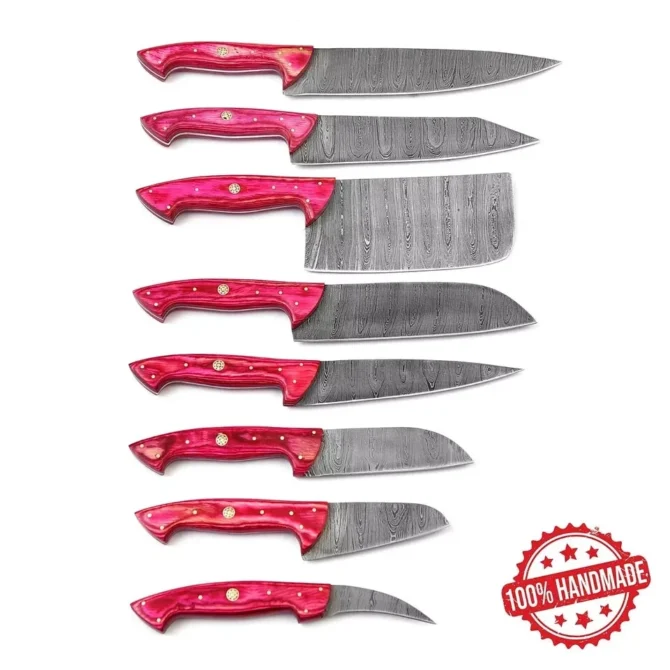 Handmade Damascus Steel Chef Knife Set with Roll Bag – 8 Piece Professional Kitchen Knives with Pink Paukka Wood Handles