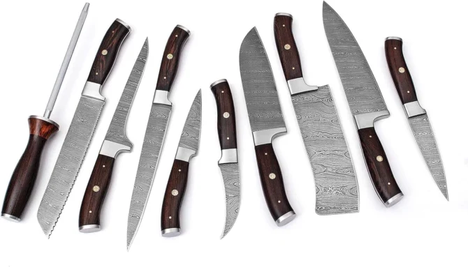 Damascus Chef Knife Set – Premium Wenge Wood Handle with Leather Roll Bag