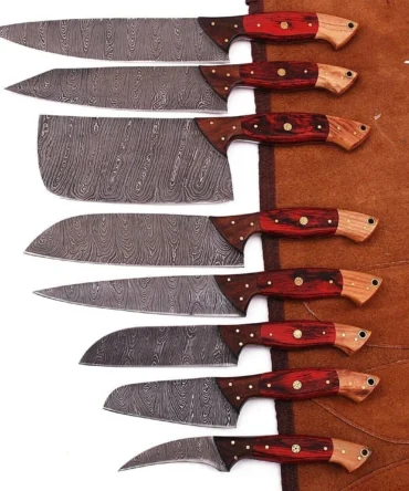 Handmade 8-Piece Damascus Steel Chef Knife Set – Professional Kitchen Knives with Leather Roll Bag