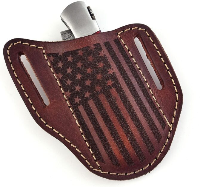 Damascus Steel Folding Knife with USA Flag Handle & Leather Sheath