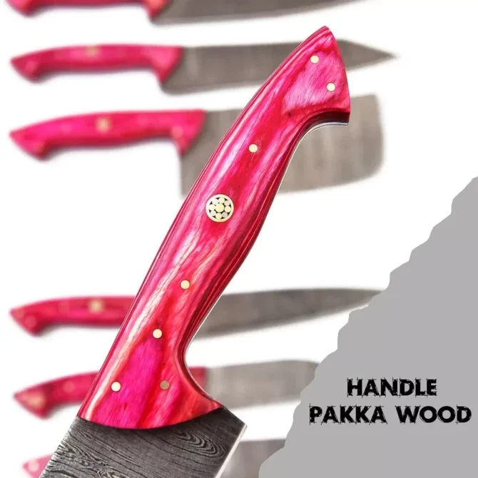 Handmade Damascus Steel Chef Knife Set with Roll Bag – 8 Piece Professional Kitchen Knives with Pink Paukka Wood Handles
