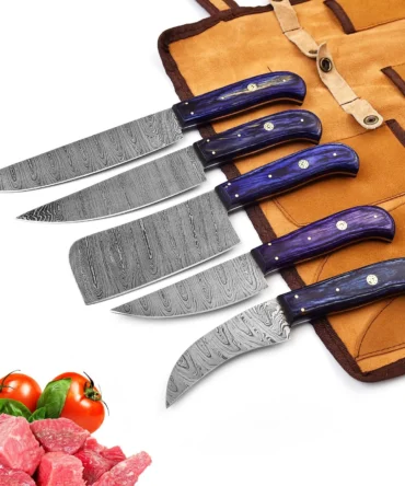 Damascus Steel Chef Knife Set – 5 Pc Handmade Kitchen Knives with Leather Roll, Sharp Blades & Durable Handle