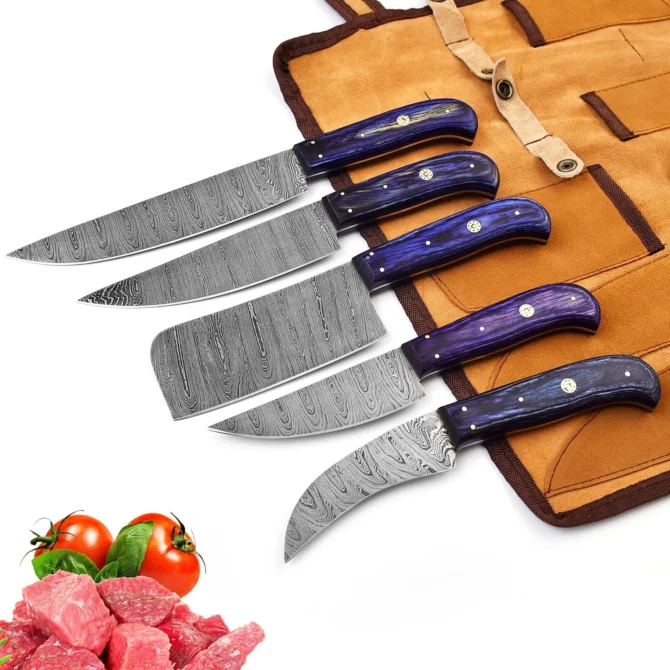 Damascus Steel Chef Knife Set – 5 Pc Handmade Kitchen Knives with Leather Roll, Sharp Blades & Durable Handle