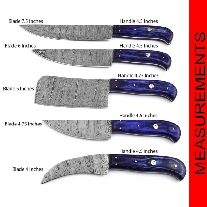 Damascus Steel Chef Knife Set – 5 Pc Handmade Kitchen Knives with Leather Roll, Sharp Blades & Durable Handle