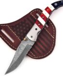 Damascus Steel Folding Knife with USA Flag Handle & Leather Sheath