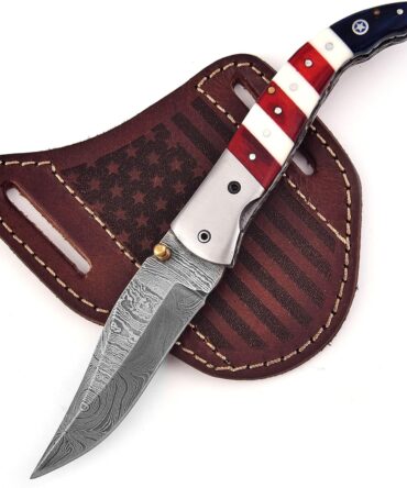 Damascus Steel Folding Knife with USA Flag Handle & Leather Sheath