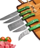 Damascus Steel Chef Knife Set – 5 Pc Handmade Kitchen Knives with Leather Roll Bag, Sharp Blades & Durable Handle