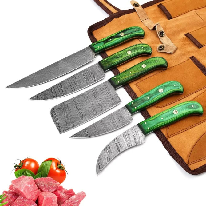Damascus Steel Chef Knife Set – 5 Pc Handmade Kitchen Knives with Leather Roll Bag, Sharp Blades & Durable Handle