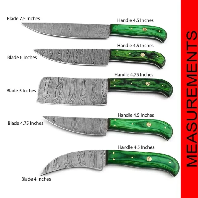 Damascus Steel Chef Knife Set – 5 Pc Handmade Kitchen Knives with Leather Roll Bag, Sharp Blades & Durable Handle