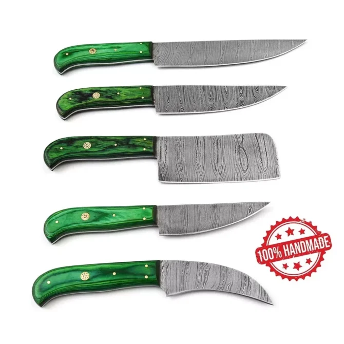 Damascus Steel Chef Knife Set – 5 Pc Handmade Kitchen Knives with Leather Roll Bag, Sharp Blades & Durable Handle