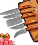 Damascus Steel Chef Knife Set – 5 Pc Handmade Kitchen Knives with Leather Roll Bag, Sharp Blades & Durable Handle
