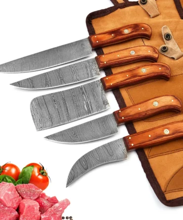Damascus Steel Chef Knife Set – 5 Pc Handmade Kitchen Knives with Leather Roll Bag, Sharp Blades & Durable Handle