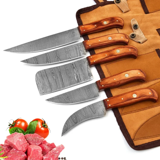 Damascus Steel Chef Knife Set – 5 Pc Handmade Kitchen Knives with Leather Roll Bag, Sharp Blades & Durable Handle