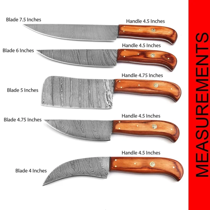 Damascus Steel Chef Knife Set – 5 Pc Handmade Kitchen Knives with Leather Roll Bag, Sharp Blades & Durable Handle