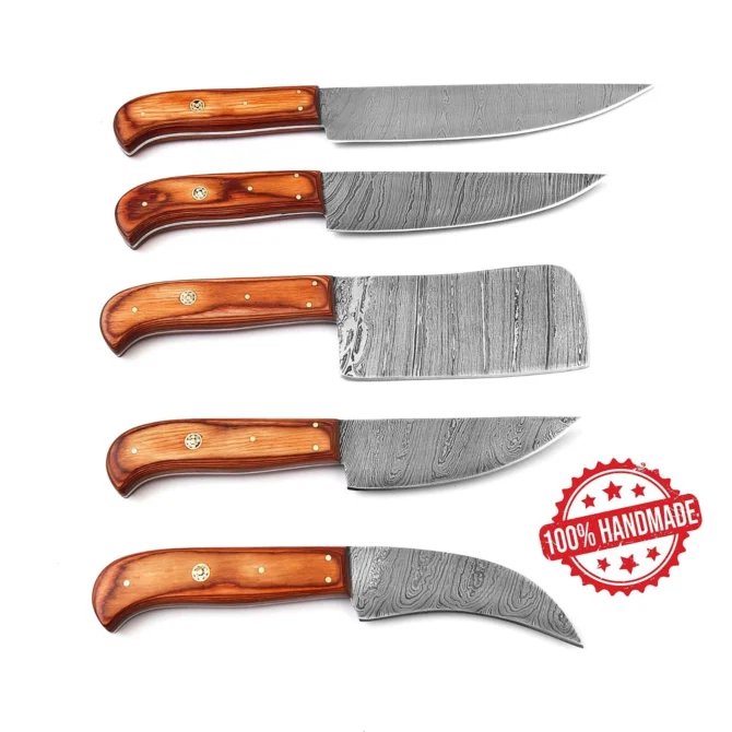 Damascus Steel Chef Knife Set – 5 Pc Handmade Kitchen Knives with Leather Roll Bag, Sharp Blades & Durable Handle
