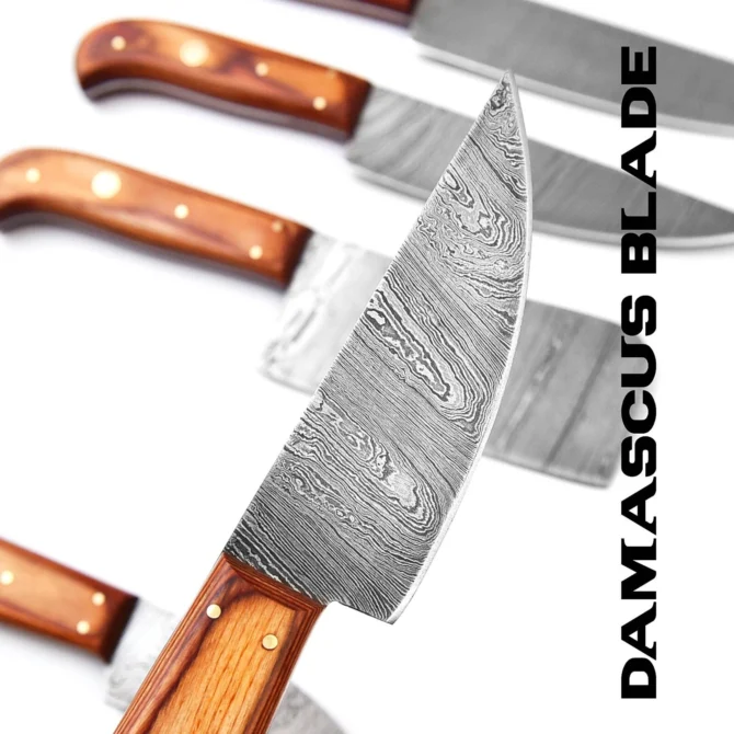 Damascus Steel Chef Knife Set – 5 Pc Handmade Kitchen Knives with Leather Roll Bag, Sharp Blades & Durable Handle