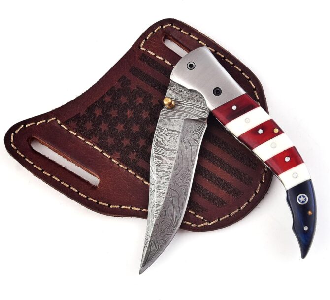 Damascus Steel Folding Knife with USA Flag Handle & Leather Sheath
