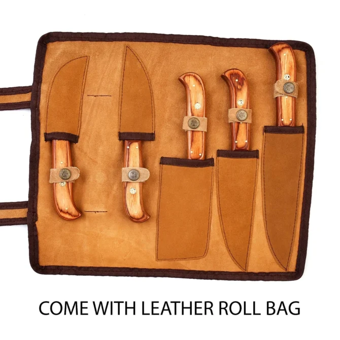 Damascus Steel Chef Knife Set – 5 Pc Handmade Kitchen Knives with Leather Roll Bag, Sharp Blades & Durable Handle