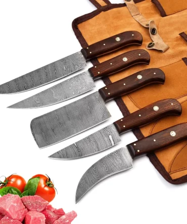 Damascus Steel Chef Knife Set – 5 Pc Handmade Kitchen Knives with Leather Roll Bag, Sharp Blades & Durable Handle