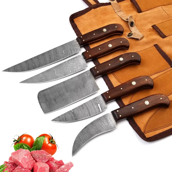 Damascus Steel Chef Knife Set – 5 Pc Handmade Kitchen Knives with Leather Roll Bag, Sharp Blades & Durable Handle