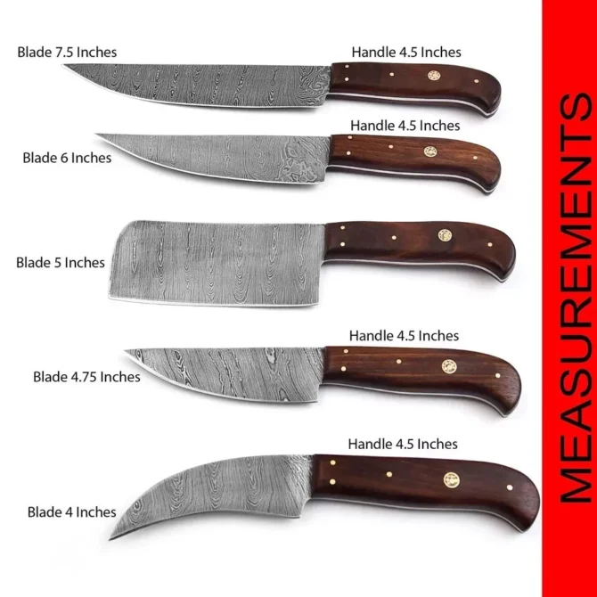 Damascus Steel Chef Knife Set – 5 Pc Handmade Kitchen Knives with Leather Roll Bag, Sharp Blades & Durable Handle